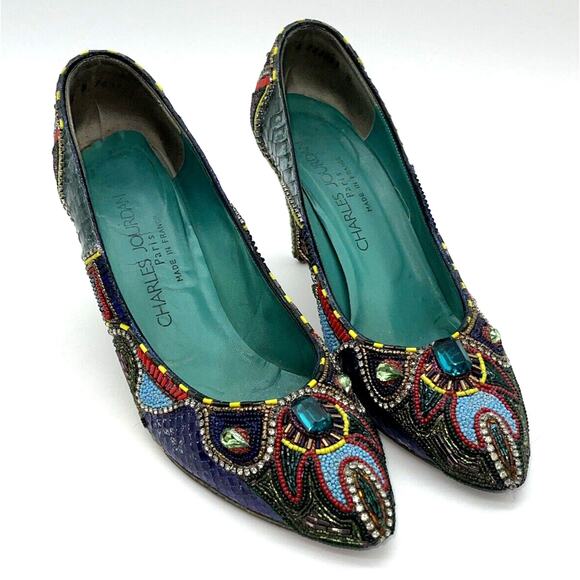Charles Jourdan Shoes - Bradley Levin Beaded Heels Womens 8 Charles Jourdan 80s 90s Vintage Rare Unique